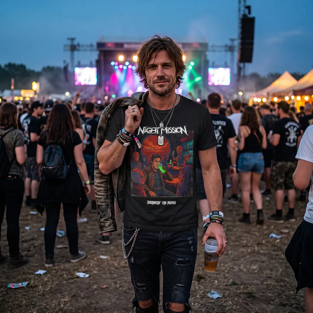 Concertgoer wearing a custom Night Mission Drinkin’ on Mars shirt created with Smizzy